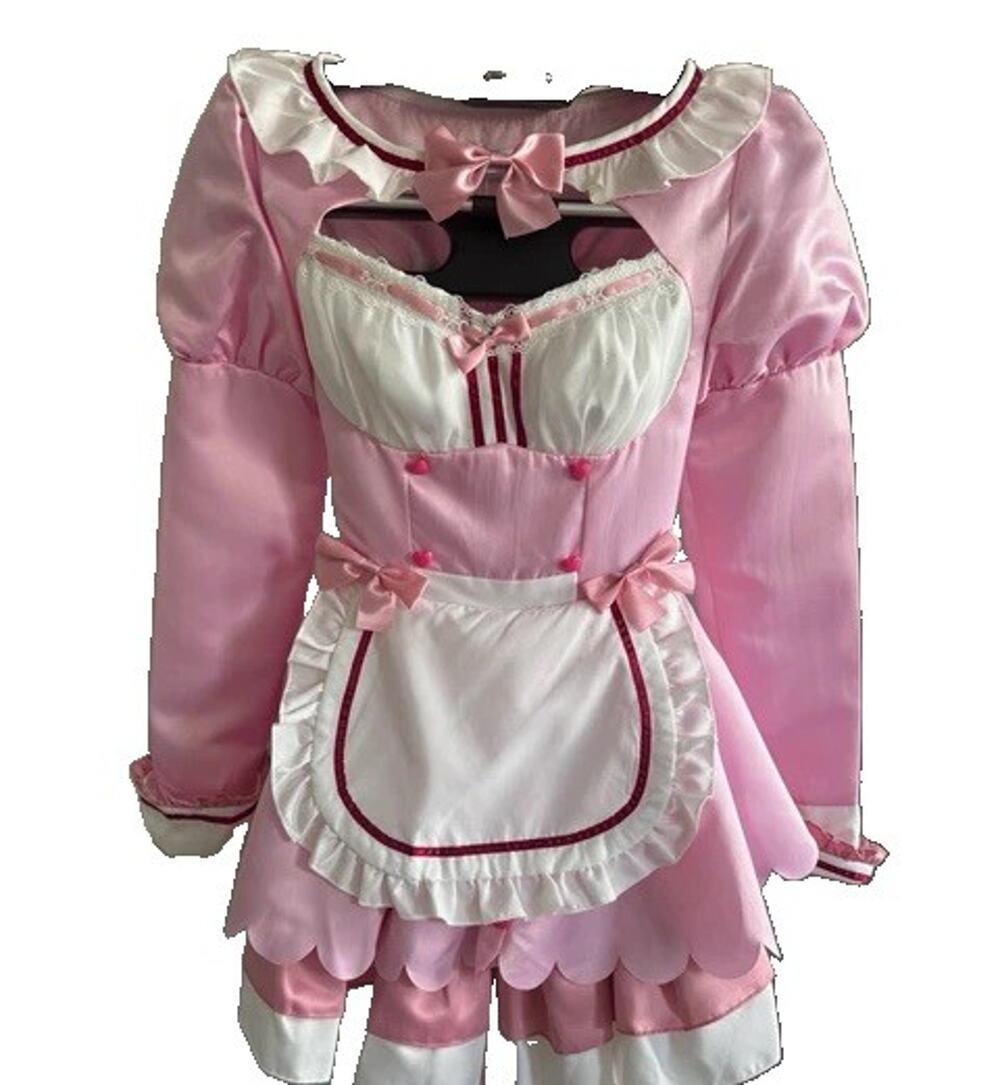 UWOWO Pink/White Satin Maid Cosplay Dress, Lace-Up & Lace, Size S